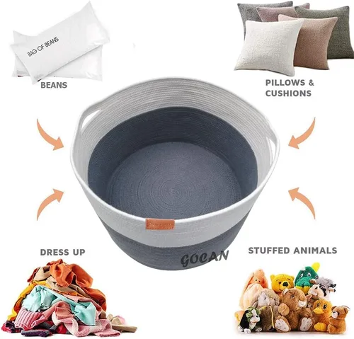 Miniatura 7 de GOCAN Cesta de lavandería extragrande para almacenamiento de juguetes 22"X22"X14" cesta para mantas de cuerda de algodón tejida con asas para sala