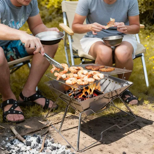 Miniatura 2 de Fogata portátil con parrilla para campamento, hoguera plegable de alta resistencia con parrilla de fogata y bolsa de transporte para exteriores