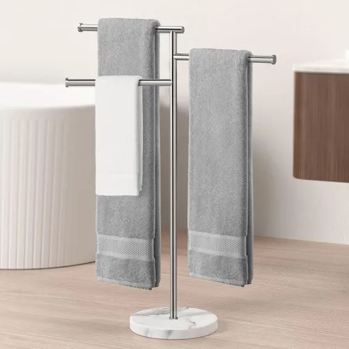 Miniatura 9 de KES Toalleros de pie para suelo de baño, giratorios, independientes, 2 brazos, con base de mármol pesada, acabado cepillado de acero inoxidable