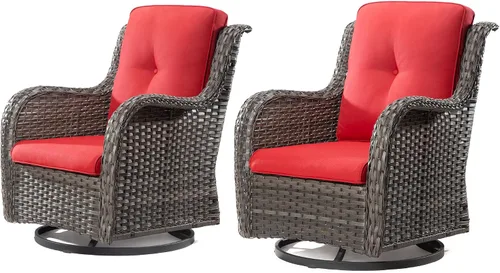 Miniatura 27 de Juego de 2 sillas de patio giratorias de 360 grados para exteriores y mesa auxiliar a juego – 3 sillas deslizantes de mimbre para patio con cojines