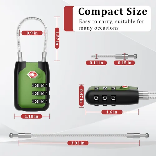 Miniatura 4 de Joyway Candado de equipaje aprobado por la TSA, candado de cable de combinación de 3 dígitos con cuerpo de aleación, cerraduras de combinación