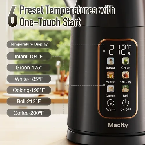 Miniatura 2 de Mecity Hervidor eléctrico de 1.7L con pantalla táctil de control de temperatura, sin contacto de plástico con agua. 6 programas de temperatura