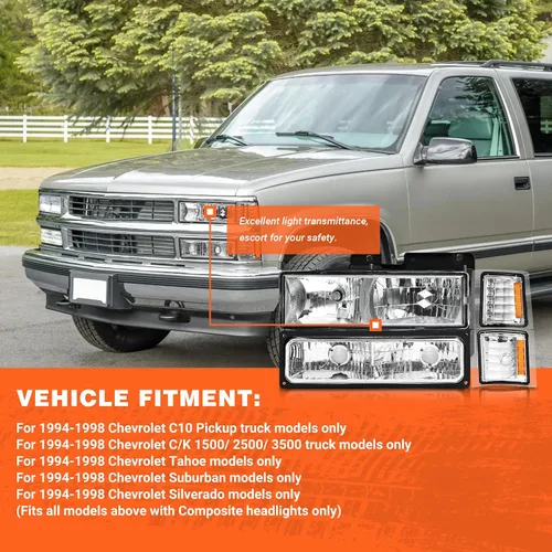 Miniatura 8 de 94-98 Chevy C/K 1500 - Faros delanteros cromados IP65 Waterproof, DOT/SAE, OE 5977459/5977460, HB3+HB4 Bulbs Not Included, Composite Headlamp