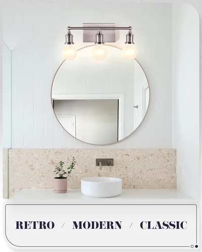 Miniatura 2 de Lámpara de tocador de 3 luces, moderna lámpara de pared de níquel cepillado, iluminación industrial de pared de tocador de baño para espejo, base