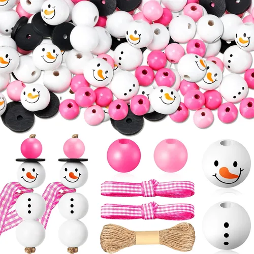 Miniatura 10 de 180 piezas de cuentas de madera de muñeco de nieve de Navidad con estampado de tartán de búfalo de Navidad, cuentas de madera redondas de invierno