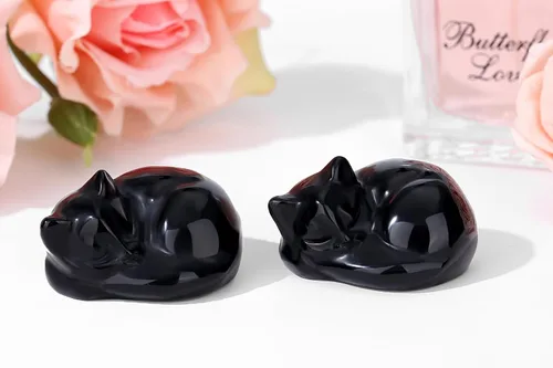Miniatura 3 de QINJIEJIE Estatua de Gato de Obsidiana Negra Decoración de Cristales y Piedras Curativas Figura de Gatos Durmiendo Piedra Estatua Regalo Gemas