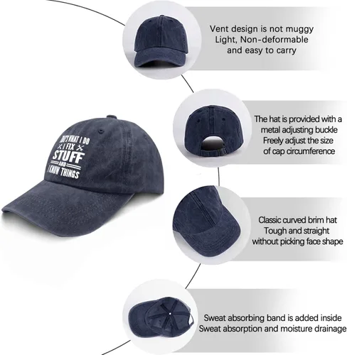 Miniatura 6 de Gorro de béisbol con texto en inglés "That's Whats I Do I Fix Stuff and I Know Things" para mujer, diseño gráfico lavado de mezclilla ajustable
