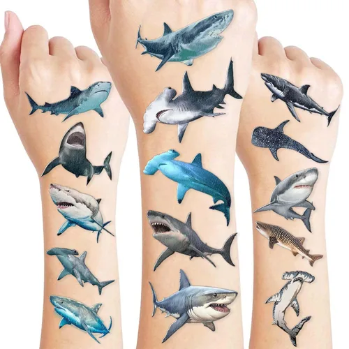 96 tatuajes realistas de tiburón temporales, calcomanías de animales del océano, suministros y decoraciones para fiestas de cumpleaños, impermeables