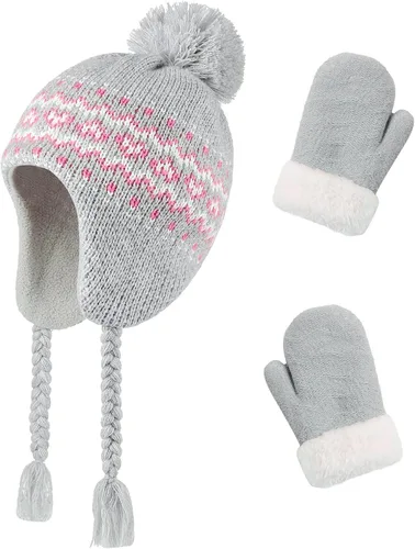 Miniatura 44 de Conjunto de guantes y gorro de invierno para niños, gorro de forro polar cálido, gorro de punto y guantes para niños y niñas