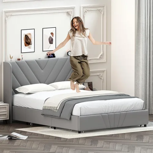 Miniatura 4 de LUCKLIFE Base de cama tapizada con puertos USB y tipo C, cabecera en forma de V, cajones laterales y almacenamiento de estribo de gran tamaño,