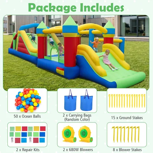 Miniatura 6 de BOUNTECH Casa de rebote inflable con obstáculos, enorme castillo hinchable seccional para niños grandes de 3 a 12 años con toboganes dobles