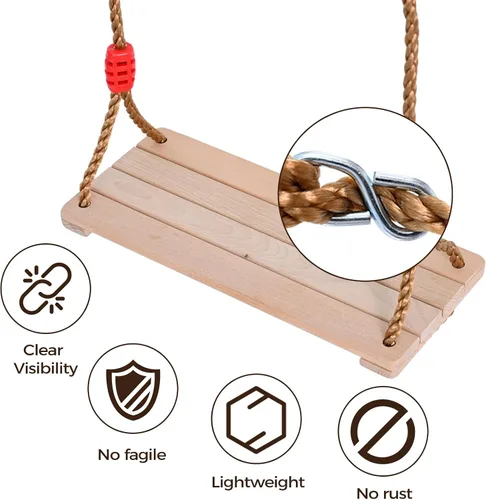 Miniatura 5 de Asiento de columpio de madera de haya maciza, juego de columpio de cuerda ajustable de 16.4 x 7.5 x 0.6 pulgadas, silla colgante resistente