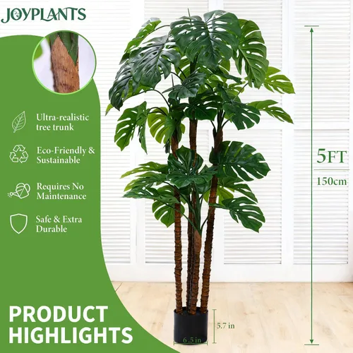 Miniatura 2 de Monstera artificial de 5 pies, plantas de queso suizo falso tropical con corteza y maceta negra para interiores y exteriores, oficina, sala