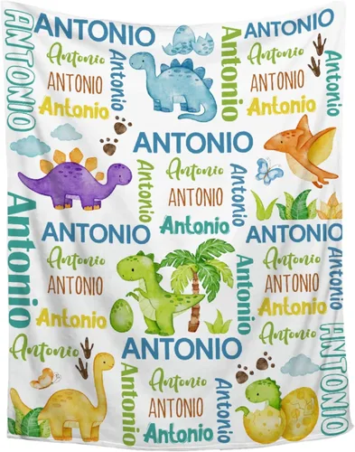 Miniatura 29 de Manta de franela de vellón de dinosaurio con nombre para niñas y niños recién nacidos, regalos personalizados, manta de forro polar suave