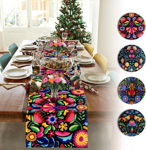 Miniatura 4 de Caminos de mesa mexicanos para fiesta, altar del día de los muertos, decoraciones del día de los muertos, fiesta de flores 70.9 x 13 pulgadas