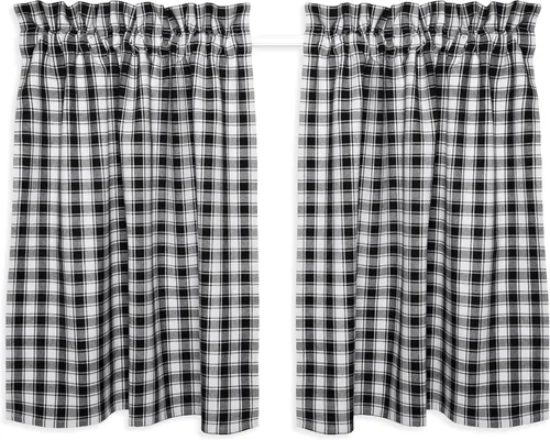 Miniatura 8 de Cortinas de café a cuadros franceses negros y tostados de algodón tejido de 28 pulgadas de ancho x 24 pulgadas de largo, juego de 2