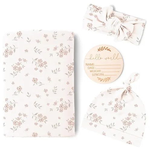 Miniatura 11 de Konssy Manta de Recién Nacida para Bebé Niña con juego de Banda para la Cabeza y Gorrito Set Manta Envolvente para Bebé para Guardería Crema
