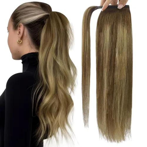 Miniatura 19 de Full Shine - Extensión de cola de caballo con clip, color marrón oscuro con mechas rubio miel, extensión de cabello humano real para mujeres, 14