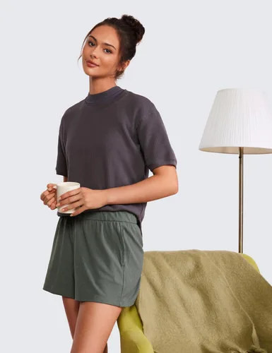 Miniatura 3 de CRZ YOGA Cómodos pantalones cortos acanalados para mujer, de cintura alta, lyocell para uso casual, para descansar, atlético, con bolsillos