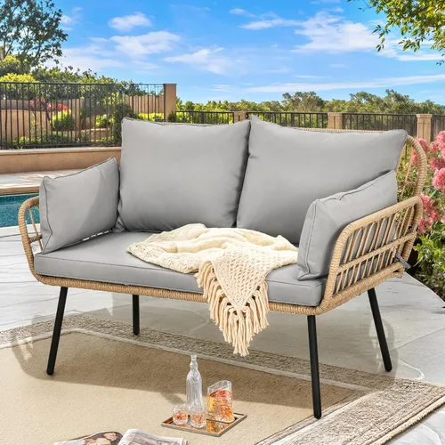 YITAHOME Sofá biplaza para patio, sofá de mimbre de 2 asientos para todo tipo de clima con cojines y almohadas lumbares, muebles de patio al aire