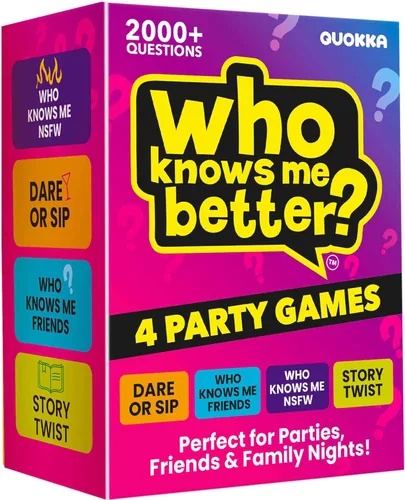 Miniatura 10 de QUOKKA Set de juegos de fiesta, colección Who Knows Me Better con 4 juegos en 1 caja, más de 2000 preguntas, juegos de cartas para adultos