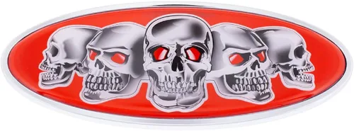 Miniatura 5 de United Pacific 10882 Emblema de metal fundido a presión de 7" x 3 ¼" cromado ovalado con diseño de calavera, perno de montaje con respaldo de doble