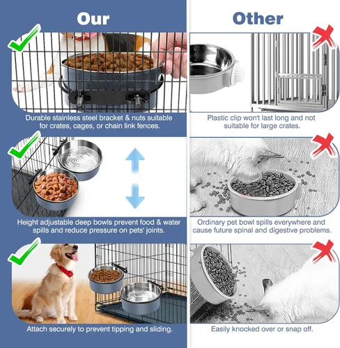 Miniatura 4 de Cuencos para perrera para jaulas, cuencos colgantes para jaulas de perros sin derrame, paquete de 2 cuencos de acero inoxidable para mascotas