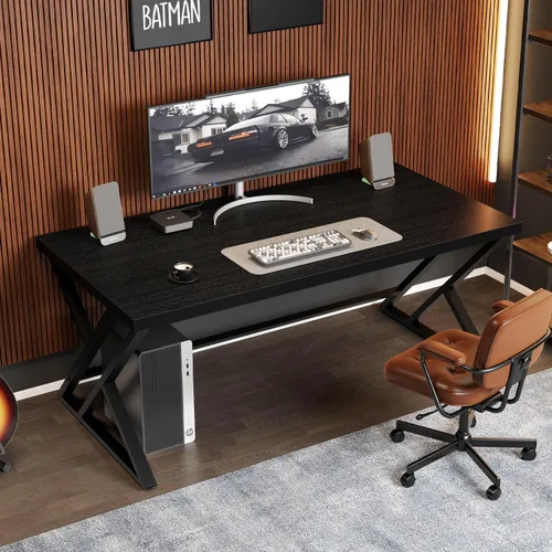 Miniatura 3 de LVB Escritorio Negro, Escritorio Moderno para Juegos, Escritura y Computadora para Oficina en Casa, Mesa de Metal y Madera para Estudio y Trabajo