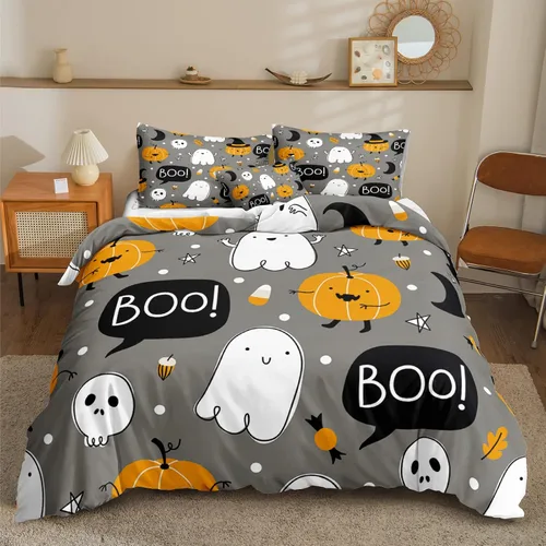 Miniatura 46 de Juego de funda de edredón de calabaza para Halloween, divertido diseño de calabaza malvada, color negro, juego de ropa de cama Tiwn 1 funda