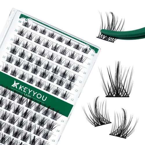 Miniatura 14 de KEYYOU Racimos de pestañas, 96 piezas de extensiones de pestañas DIY, rizado D de 16 mm, negro, realista, no irritante, fácil de colocar en casa