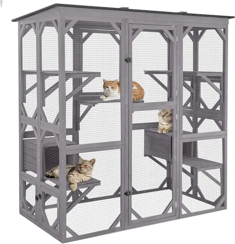 Miniatura 7 de GUTINNEEN Catio - Recinto grande de madera para gatos de 70 pulgadas, jaula para gatos con 7 plataformas, 2 cajas de descanso, cubierta impermeable