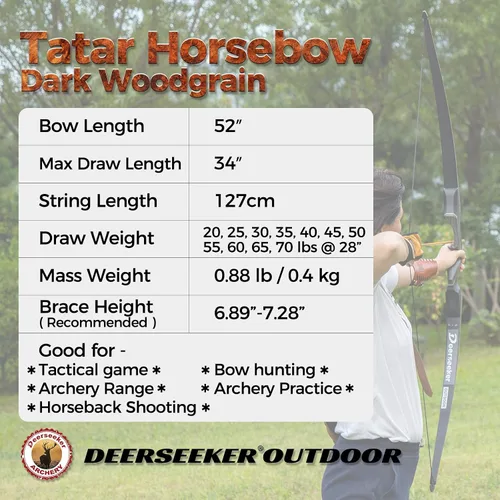 Miniatura 2 de Deerseeker Outdoor Arco largo tradicional de 52 pulgadas, hecho a mano, arcos recurvos ambidiestros, juego de arco de caballo tártaro para adultos