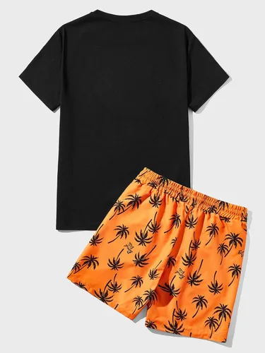 Miniatura 37 de GORGLITTER Conjunto de 2 piezas de camiseta gráfica de manga corta para hombre, estampado hawaiano con cordón y pantalones cortos