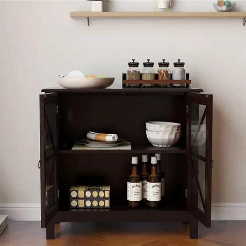 Miniatura 5 de Mesa de bufé de cocina elegante para el hogar, aparador, mesa de consola con 2 puertas de vidrio y estante de almacenamiento, armario de entrada