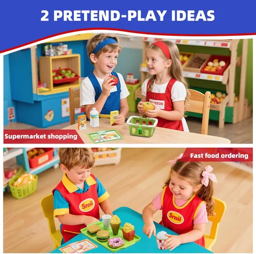 Miniatura 3 de HYES Caja registradora de madera para niños, supermercado de juego de simulación recargable y restaurante de comida rápida, caja registradora