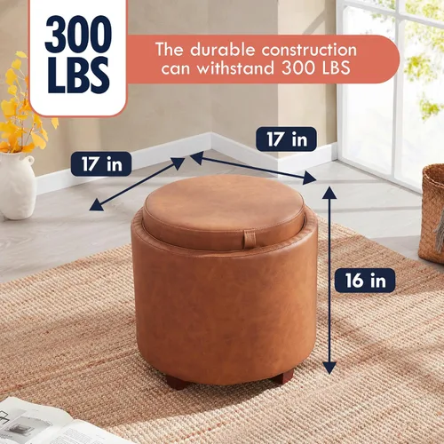 Miniatura 2 de Ornavo Home Lawrence Otomana Redonda de Almacenamiento con Tapa Desmontable y Mesa de Café con Bandeja, Otomana con Almacenamiento para Sala