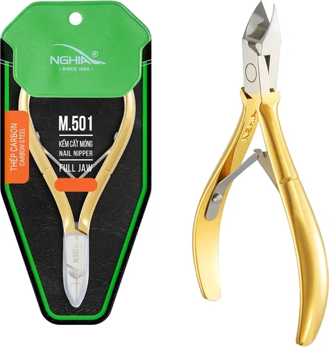 Miniatura 6 de NGHIA Pinza de uñas dorada - M-555 (acero duro): pinza acrílica de precisión de 16 mandíbulas con acabado chapado en oro, mango curvo y mecanismo