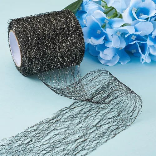 Miniatura 4 de KISSITTY 1 rollo/20 yardas de tela de telaraña de oro negro de 2.953 in, rollo de tela de malla de tul con agujero grande para falda, pompones