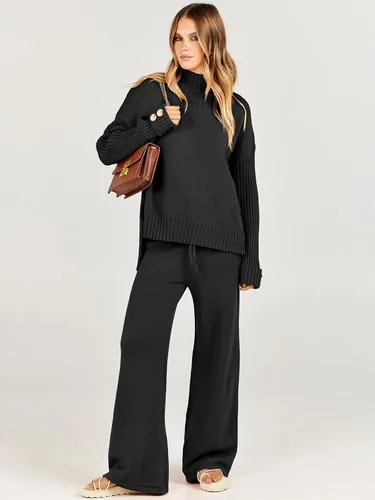 Miniatura 2 de ANRABESS Conjunto de 2 piezas para mujer, suéter de punto de manga larga, pantalón de pierna ancha, ropa de descanso, moda 2025