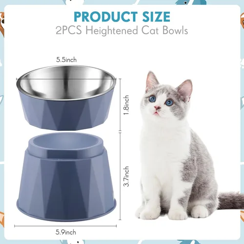 Miniatura 2 de Lallisa Comedero para gatos, 2 cuencos elevados de acero inoxidable con soporte elevado ajustable, tazón antideslizante para alimentos y agua