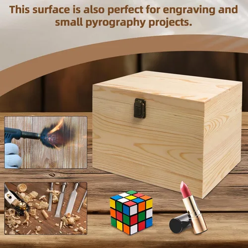 Miniatura 7 de Caja de madera sin terminar de 10 x 7 x 7 pulgadas con tapa con bisagras y cierre frontal para bricolaje, proyectos de arte, manualidades, recuerdos
