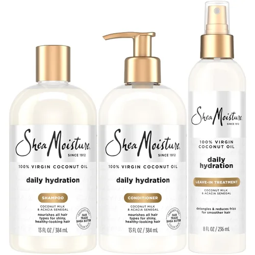 SheaMoisture Champú y acondicionador + tratamiento sin enjuague, hidratación diaria con aceite de coco, desenredante de cabello, control de