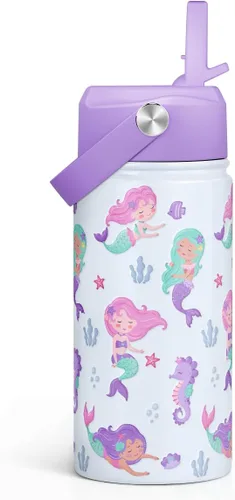 Miniatura 31 de SANDJEST Botella de Agua para Niños con Tapa de Pajita - 12 Oz Botella de Acero Inoxidable Aislada con Dibujo de Animales para Niños y Niñas - Taza