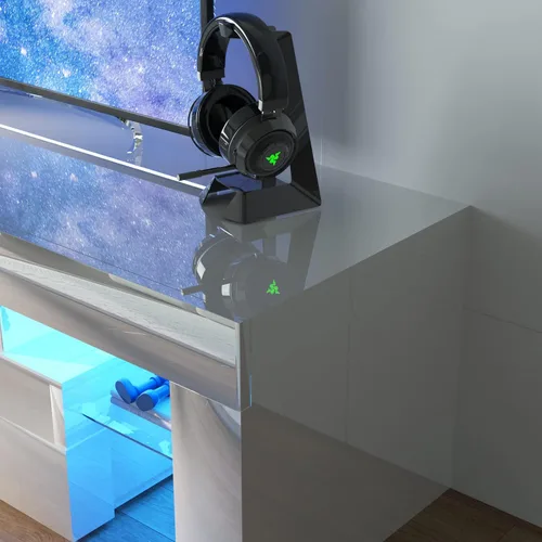 Miniatura 4 de Squireewo Soporte de TV con luces LED de 16 colores, consola multimedia con cajón y estante abierto de vidrio para TV de 60/65/70 pulgadas, centro