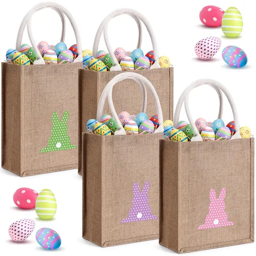 Miniatura 7 de 4 unidades de cesta de conejo de Pascua para niños, bolsas de tela de algodón, vacías personalizadas, cesta de huevos de caramelo, cubos