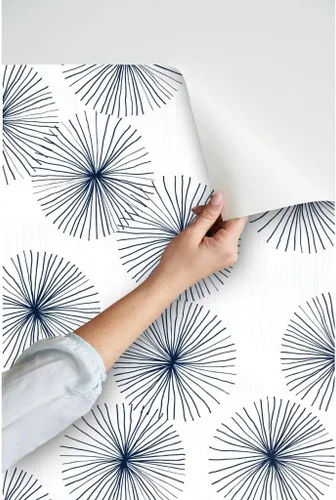 Miniatura 3 de Peel & Stick Wallpaper 3ft x 2ft - Mid Century Midcentury Modern Dandelions White Navy Circle Minimalist Mod Neutral Custom Removable Wallpaper by