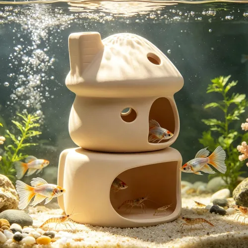 Miniatura 7 de Juego de decoración de acuario de casa de hongos de cerámica, escondite natural sin pintura para betta, camarones, plexiglás y peces