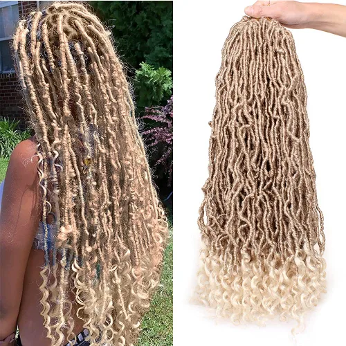 Miniatura 21 de Leeven 7 paquetes de rastas sintéticas con extremos rizados de 18 pulgadas, rastas de diosa preenrolladas para cabello de ganchillo, 84 hebras 1b#