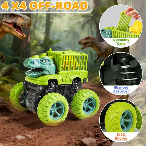 Miniatura 3 de Beestech Juguetes de dinosaurio para niños de 2, 3, 4, 5 años, vehículos de monstruos de dinosaurio con fricción para empujar y tirar para niños