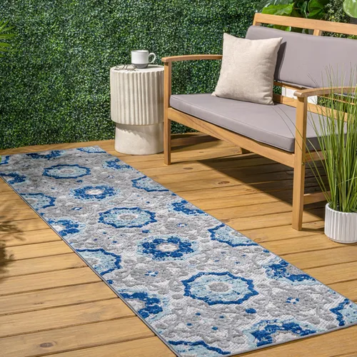 Miniatura 3 de JONATHAN Y Mediterranean Medallion - Alfombra de pasillo para interiores y exteriores, 2 x 8 pies, color azul/gris, bohemio, para patio trasero